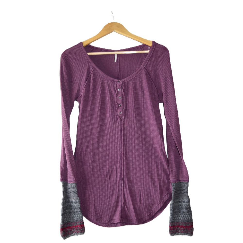 Free People Henley Thermal Women Large Purple Waffle Knit Contrast Cuff
